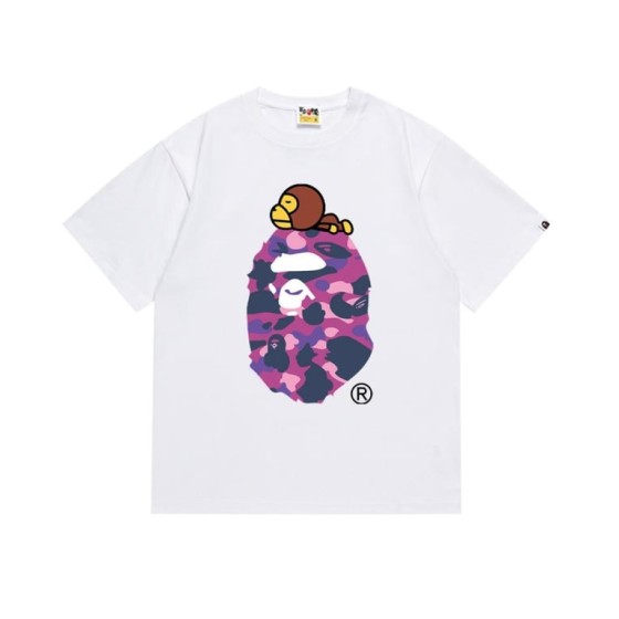 White BAPE T-Shirt with Pink Camo Ape Head and Baby Milo Print